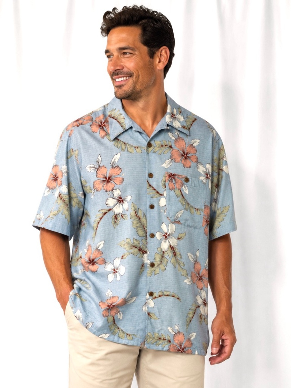 Banana Cabana 100% Silk Hawaiian Shirt Large Blue Floral Tropical Resort